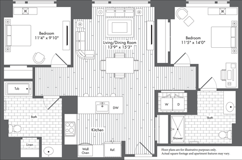 Floor plan for 2 beds, 2 baths, 1058 sqft